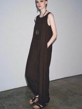 Zara Long Linen Jumpsuit Open back Sleeveless Brown Round Neckline Baggy